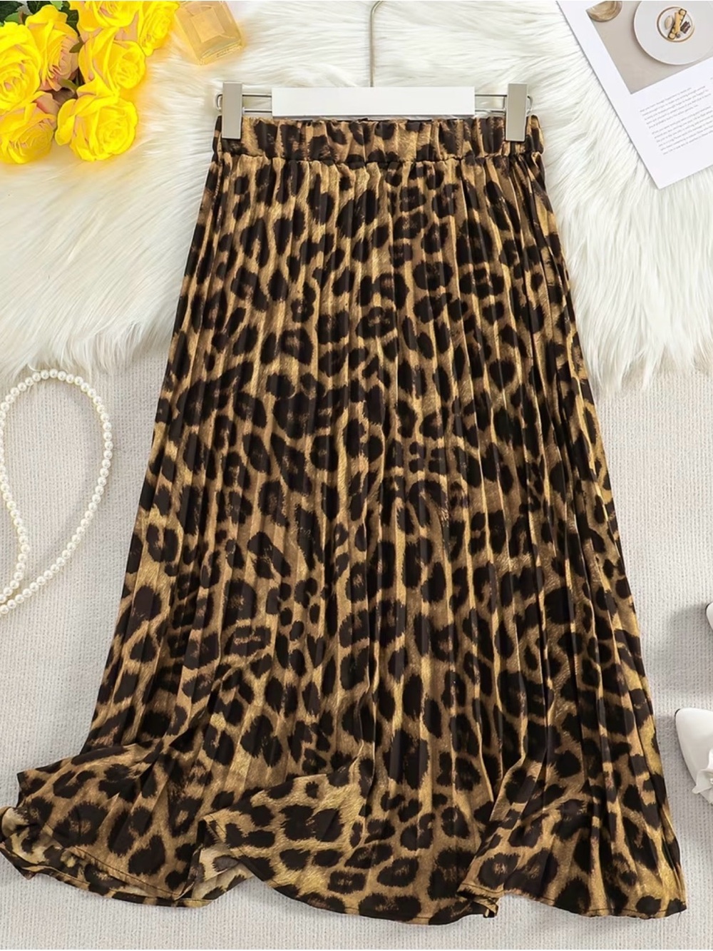 Women’s Leopard Print Pleated Maxi Skirt – Size Large – New Without Tags